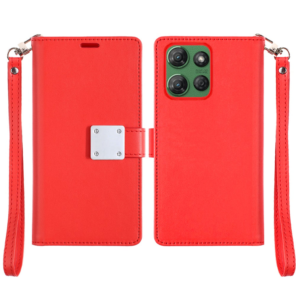 For Samsung Galaxy S21 Ultra Wallet Case with ID/ Card Holder, Wristlet Strap, Magnetic TPU Protective Shockproof Folio Flip Case Cover Red