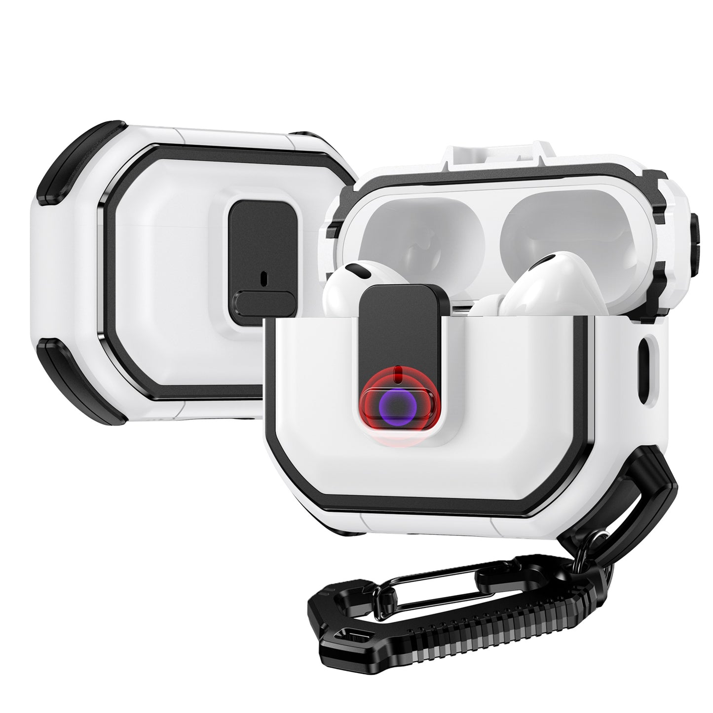 For Airpods 4 Heavy Duty Hybrid Snap Switch Button, Secure Lock Clip Super Protective with Carabiner Belt Loop Case Cover