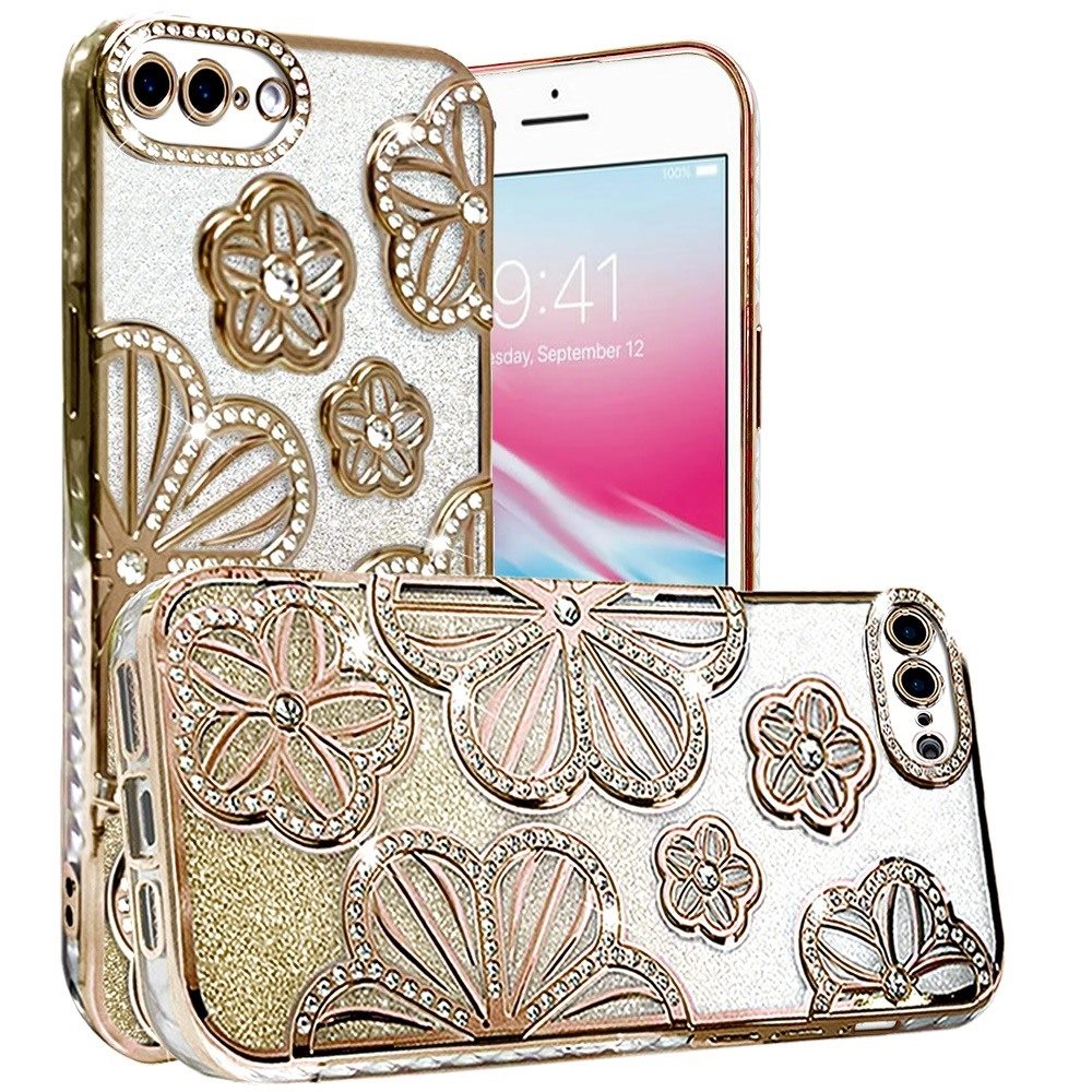 For iPhone 8 Plus / iPhone 7 Plus Luxury Flower Design Sparkle Glitter Diamond Rhinestone Shimmer Bling Plating Thick TPU Hard PC Case Cover Silver