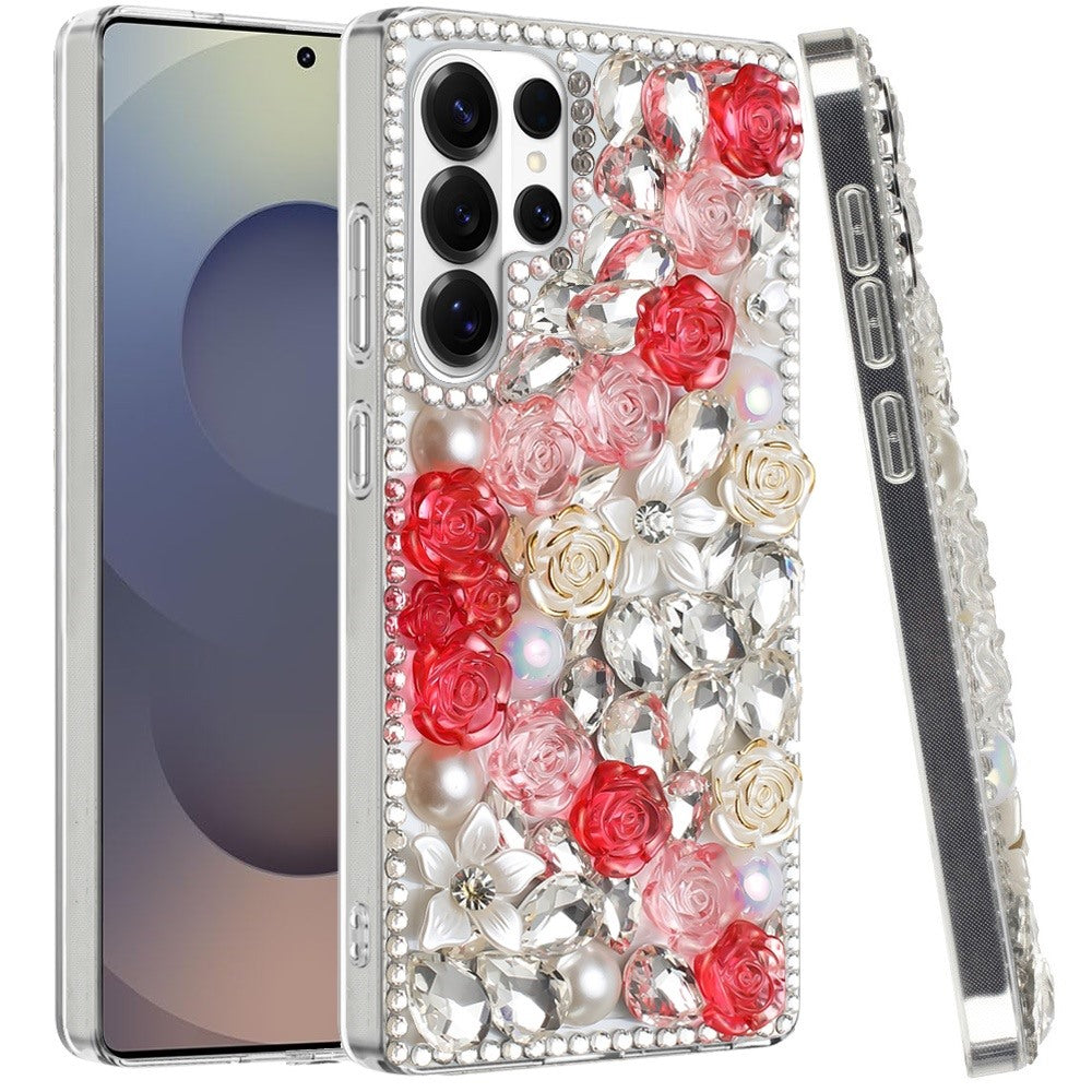 For Samsung Galaxy S26 Ultra Fashion Rose Flower Floral, 3D Bling Crystal Full Diamonds Pearl Sparkle Rhinestone Glitter Hybrid Case Cover