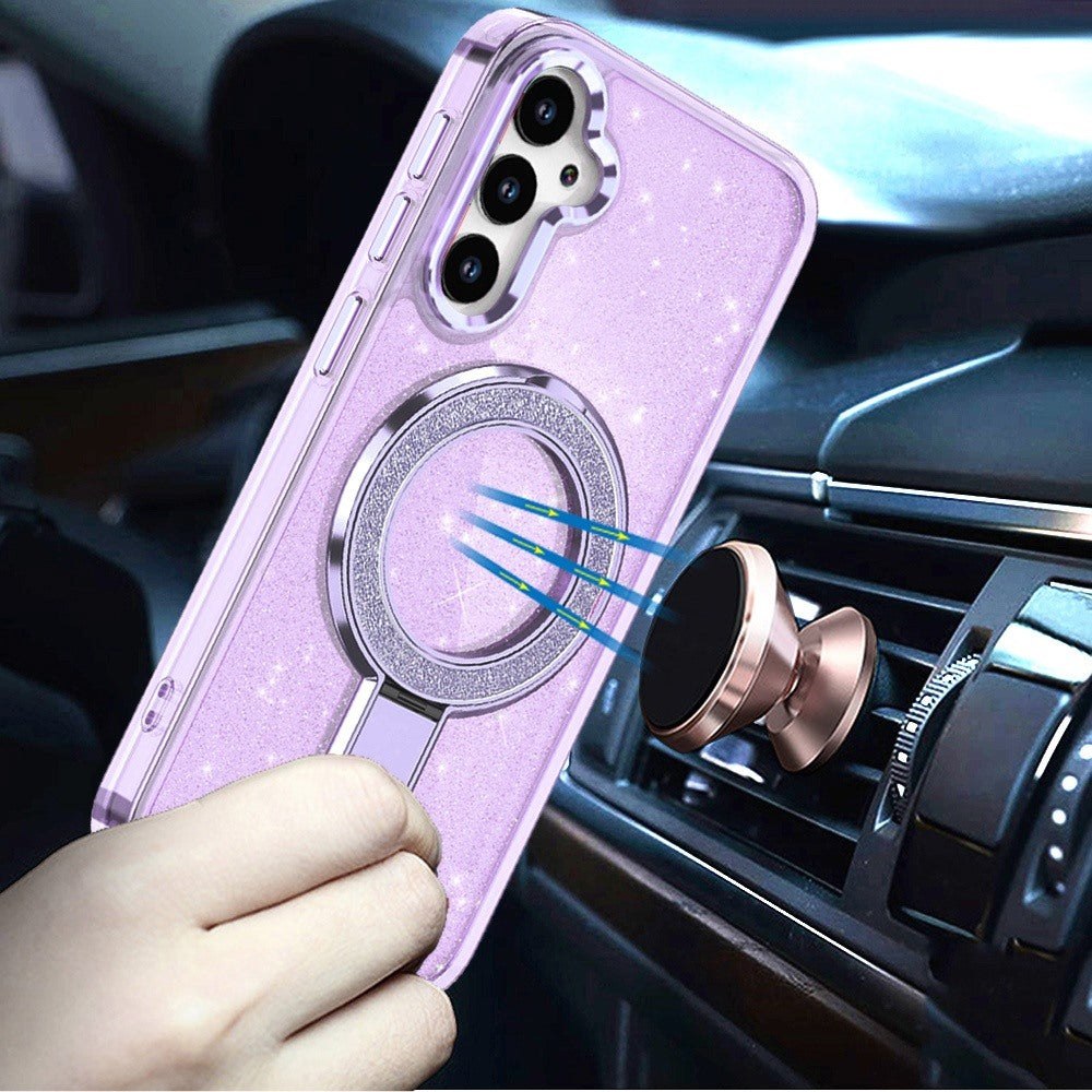 For Samsung Galaxy S26 Transparent Glitter Bling Case with Rotating Magnetic Ring Stand, Shockproof Hybrid Case Cover