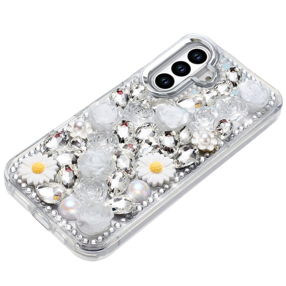 For Apple iPhone 13 Pro Max Fashion Daisy Floral Series, Full 3D Bling Crystal Diamonds Sparkling Rhinestone Glitter Hybrid Design Case Cover Silver