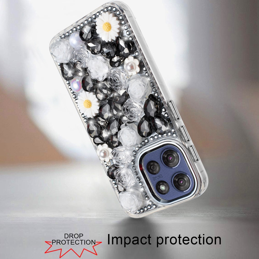 For Motorola Moto G Play 5G 2026 Fashion Daisy Floral Series, Full 3D Bling Crystal Diamonds Sparkling Rhinestone Glitter Hybrid Design Case Cover White