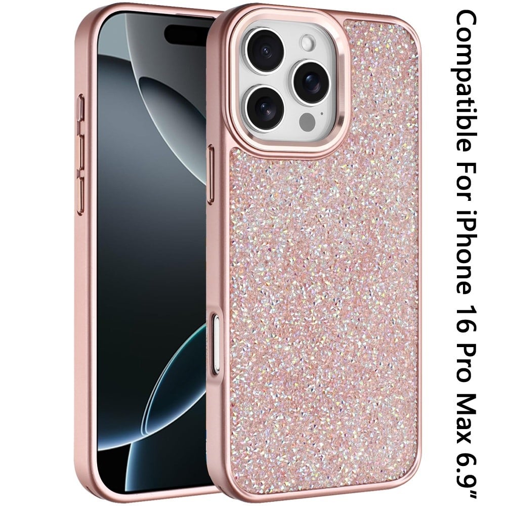 For iPhone 16 Pro Max (6.9") Crystal Sparkle Diamond Glass Full Mini Glitter Bling Frame TPU Hybrid Protective Case Cover