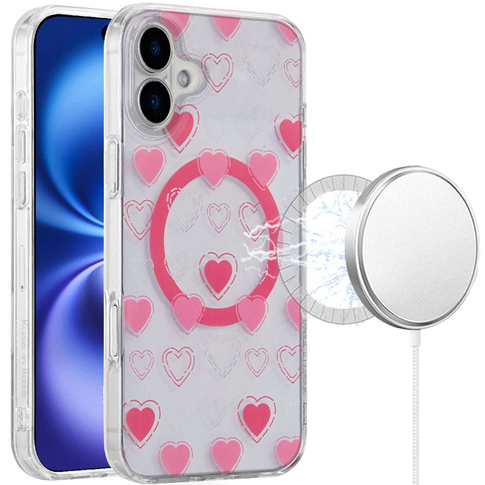 For Apple iPhone 17 Stylish Pattern Fashion IMD Printed Design TPU Double Layer Slim Shockproof with Magnetic Back Case Cover Pink Heart