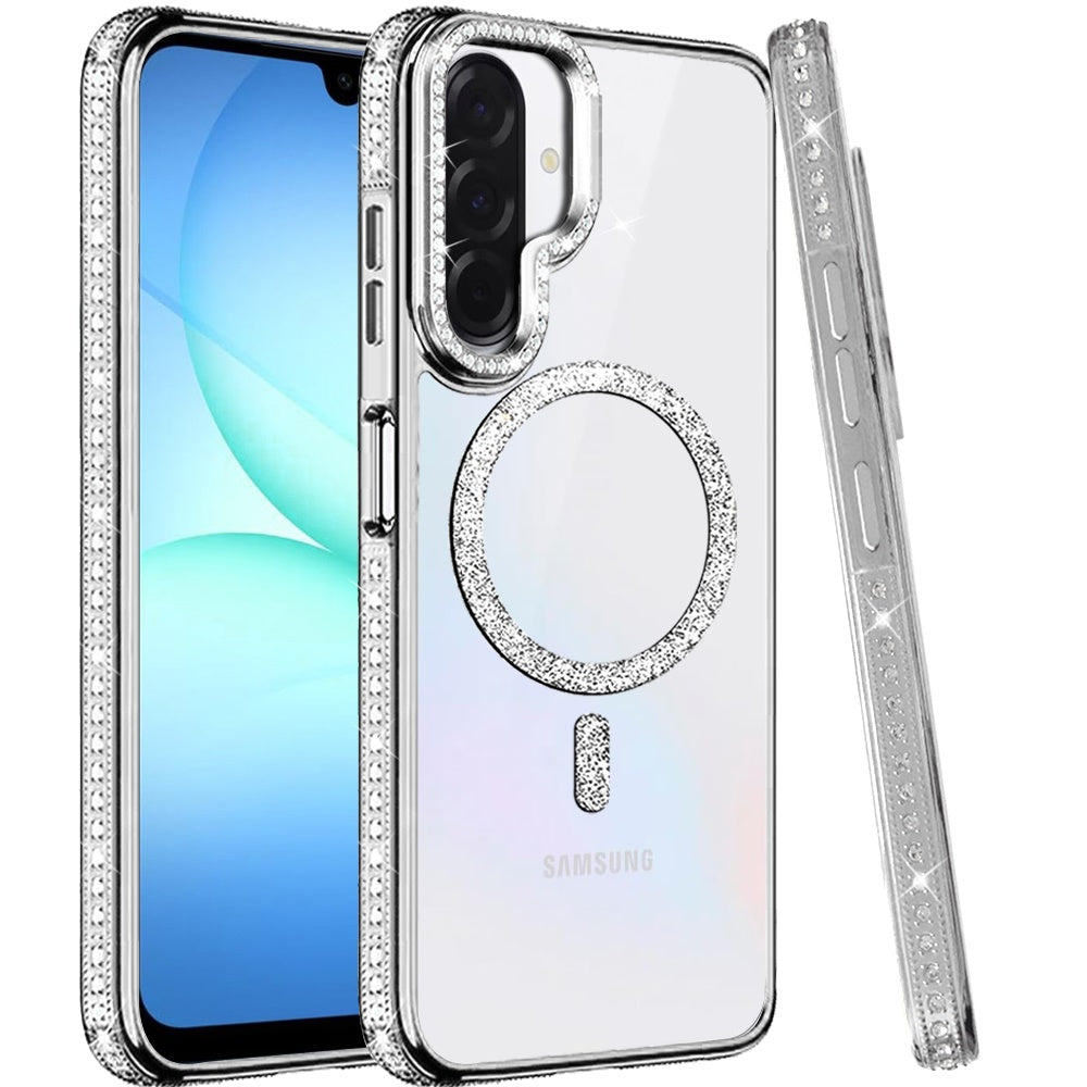 Phone Case for Samsung Galaxy A17 5G Luxury Diamond Bling Edged Magnetic Glitter Shockproof Hybrid with Camera Kickstand Durable Grip Cover