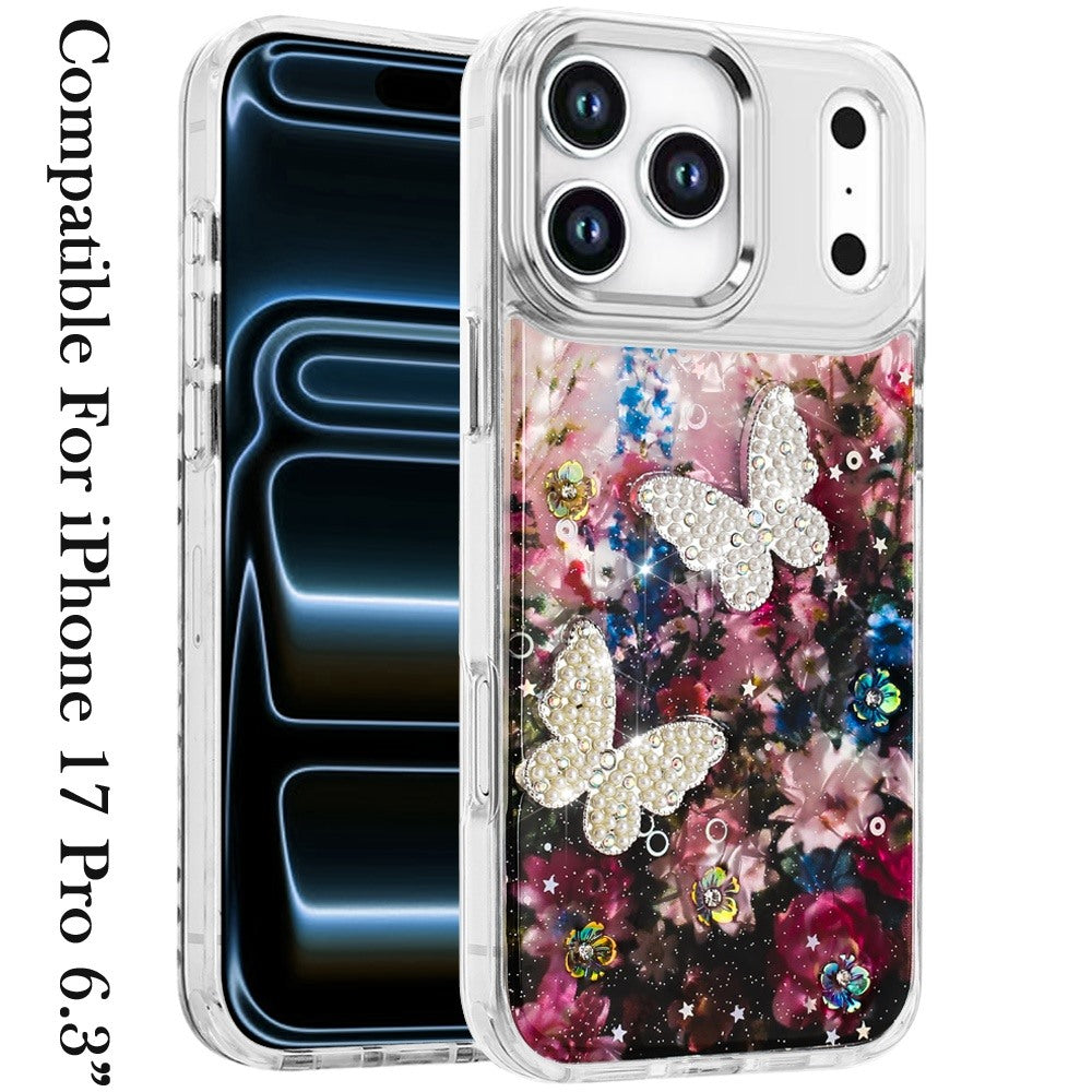 For Apple iPhone 17 Pro (6.3") Epoxy Glitter Flowers Bling 3D Butterfly Fashion TPU Hybrid with Shockproof Protection Case Cover