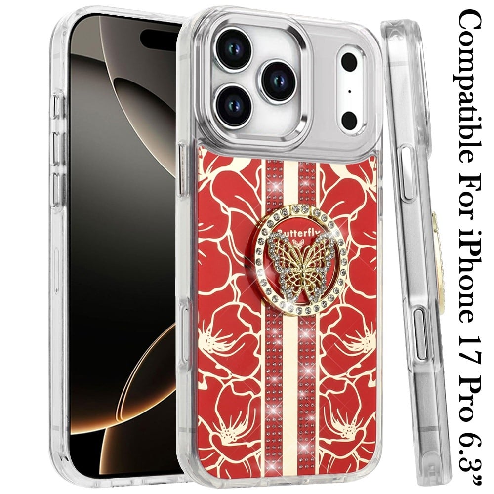 For Apple iPhone 17 Pro (6.3") Diamonds 3D Butterfly Floral Design Bling Sparkly Glitter Hybrid Metal Fashion with Ring Stand Case Cover