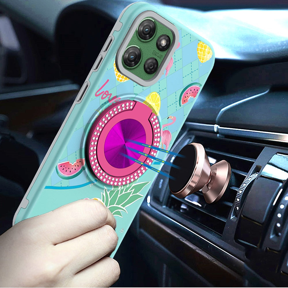 For Samsung Galaxy A16 Pattern Design Hybrid with Invisible Ring Stand & Magnetic Back, Shockproof Protective Grip Case Cover Pineapple Love Vibe