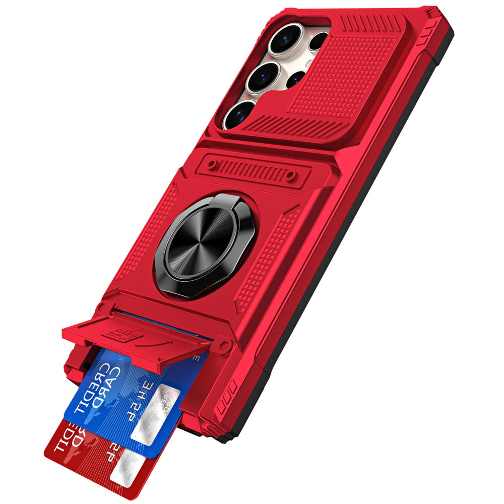 For Samsung Galaxy S26 Ultra 2X Card Slot Metal Ring Stand Hybrid Shockproof Heavy Duty Drop Protection Multi Functional Design Case Cover