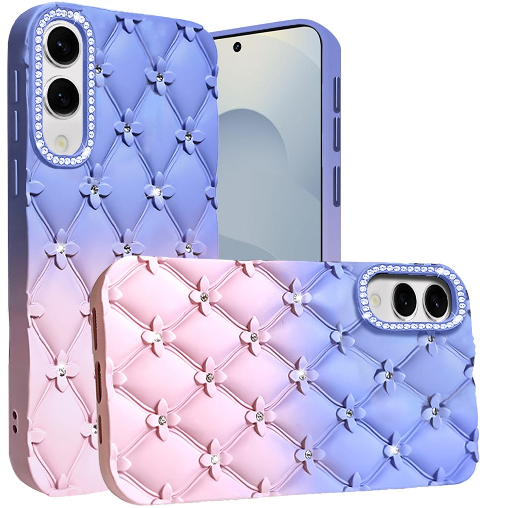 For Samsung Galaxy S25 EDGE Fashion Flower Design Sparkle Glitter Shimmer Rhinestone Bling Floral Accents, Leather Texture TPU Case Cover