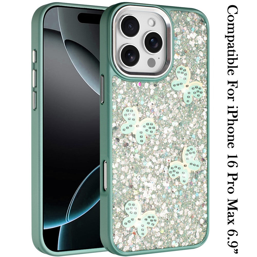 Phone Case for Apple iPhone 16 Pro Max Cute Butterfly Diamond Glitter Metallic Hybrid Shockproof Shimmer Grip Stylish Protective Luxury Designer Cover