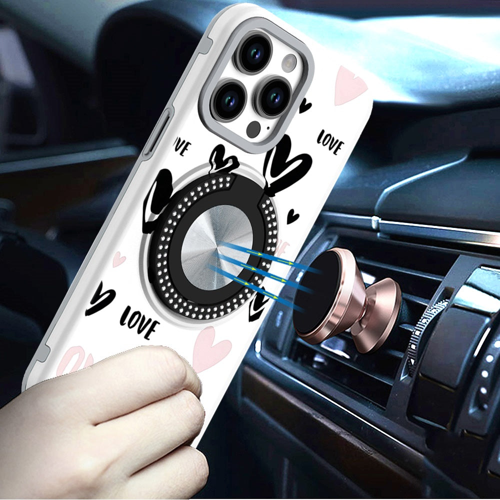 For Apple iPhone 16e Pattern Design Hybrid with Invisible Ring Stand & Magnetic Back, Shockproof Protective Grip Case Cover Love Heart Love