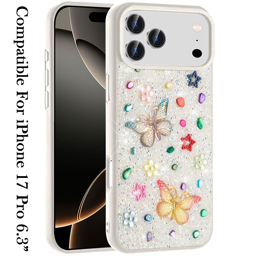 For Apple iPhone 17 Pro (6.3") Diamond Butterfly 3D Glitter Bling Design, Slim Hybrid Sparkle Protective Cover TPU for Women Girls Case Cover
