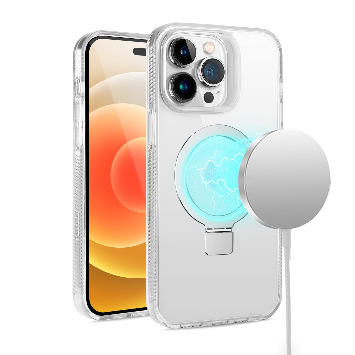 For Apple iPhone 16 Pro (6.3") Transparent HQ Magnetic Ring Circle Stand with MagSafe Compatible Hybrid Dotted Edged Case Cover