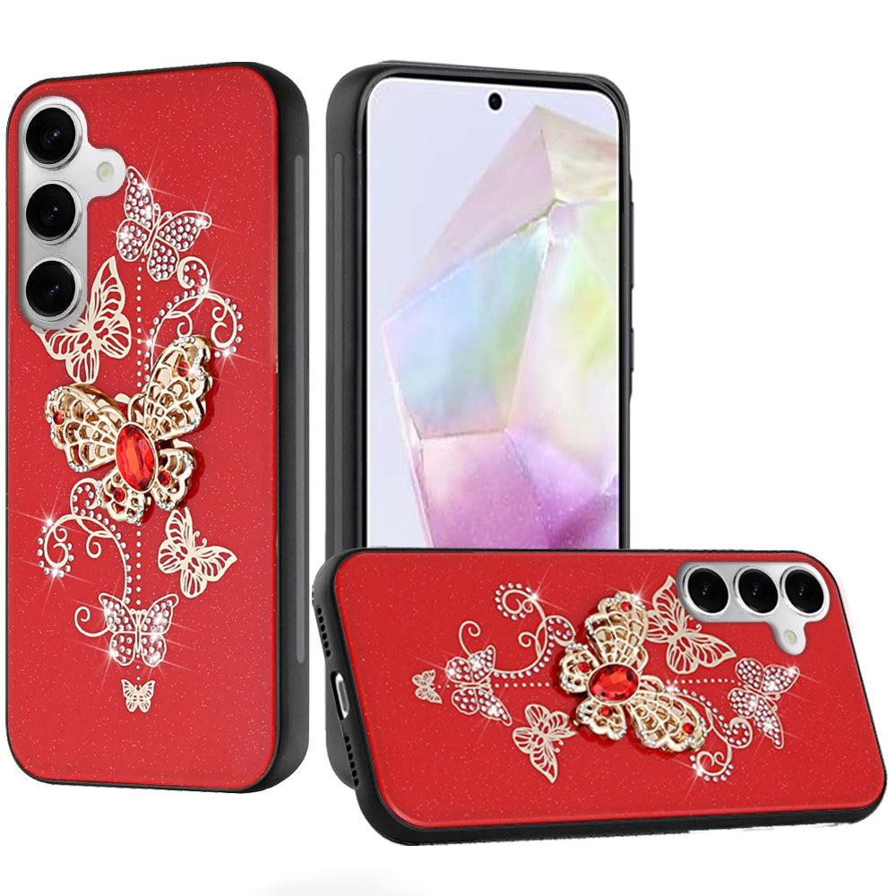 For Samsung Galaxy Z Fold 7 Diamonds 3D Butterfly Bling Sparkly Glitter Ornaments Engraving Hybrid Metal Fashion Case Cover Red Garden Butterflies