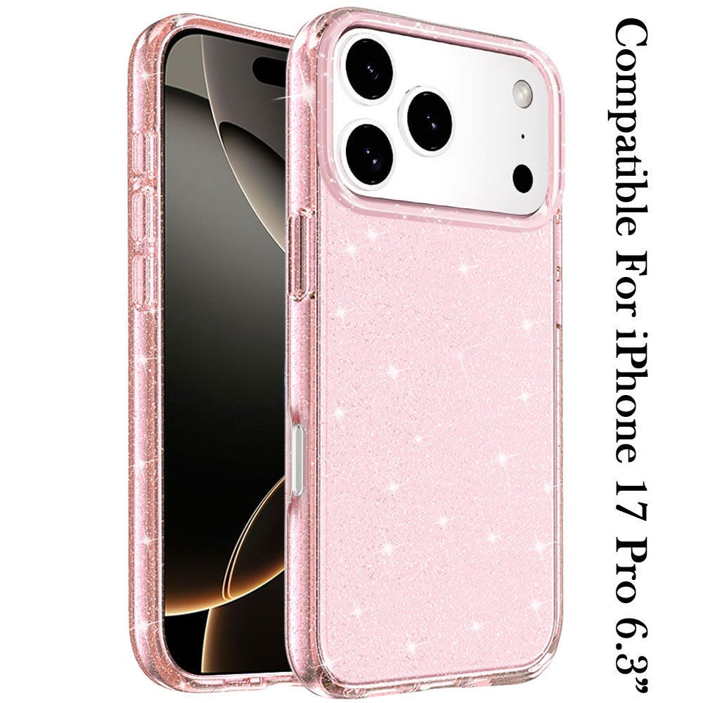 For Apple iPhone 17 Pro Transparent Glitter Shiny Sparkle Bling TPU Rubber Hard Back Hybrid Frame Shockproof Case Cover