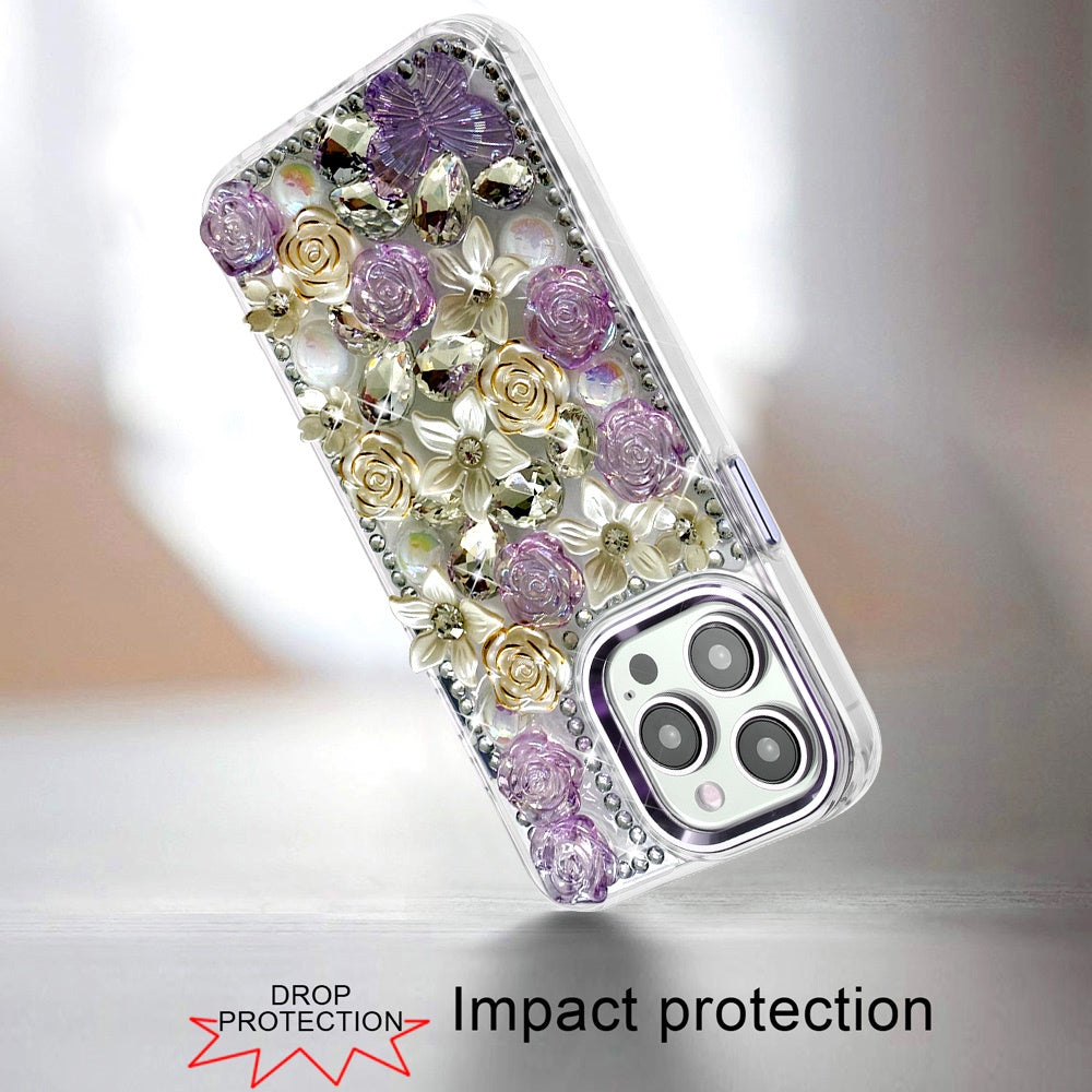 For Apple iPhone 15 Pro Max 3D Diamond Floral Roses Flower Bling Stone Hybrid, Sparkly Rhinestone Gemstone Back Shockproof Case Cover Green