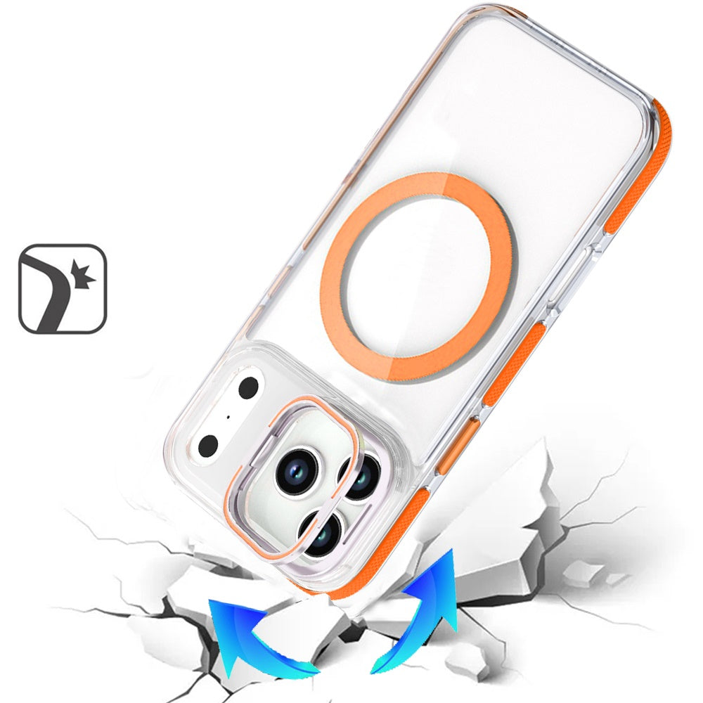 For Apple iPhone 17 (6.3") Hybrid Clear Back Case with Invisible Camera Bracket Stand, MagSafe Magnetic Circle, Shockproof Color Frame Case Cover Cosmic Orange