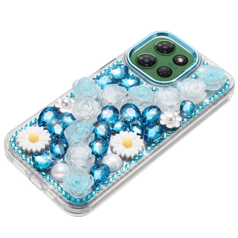 For Motorola Moto G Power 5G 2026 /2025 Fashion Daisy Floral Series, Full 3D Bling Crystal Diamonds Sparkling Rhinestone Glitter Hybrid Design Case Cover White