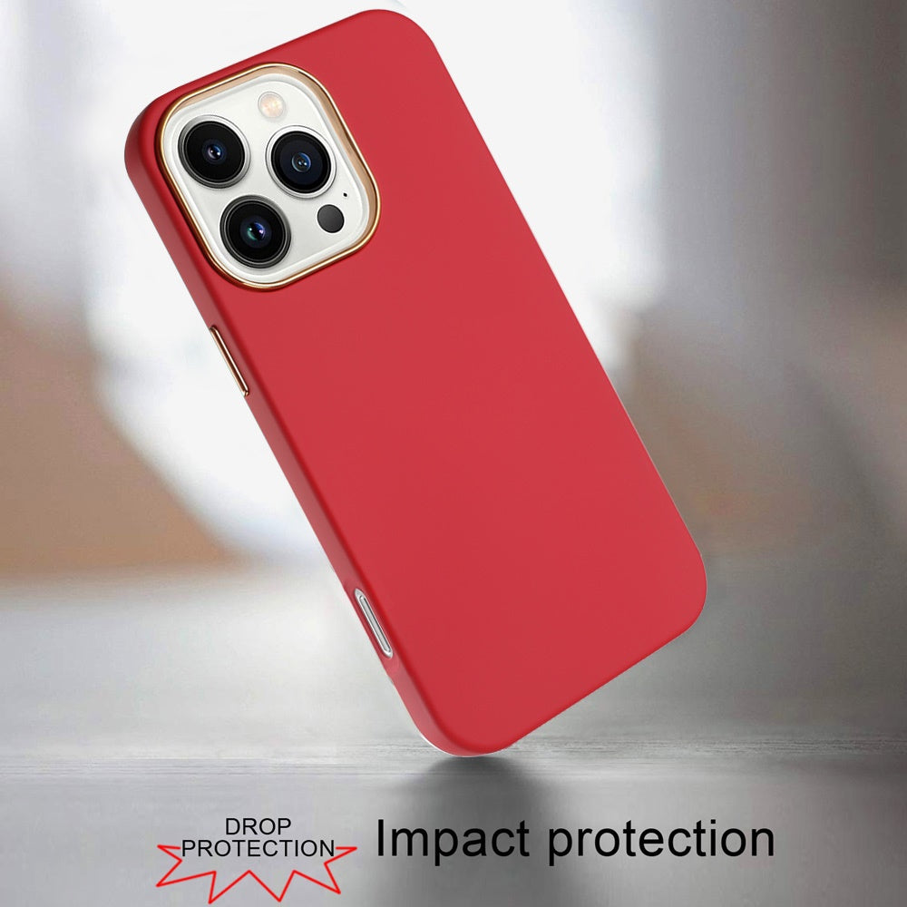 For Apple iPhone 16 Pro Slim Classic Hybrid Around Rubber Gummy Gel Slick Hard PC Silicone TPU Chromed Button Case Cover Red