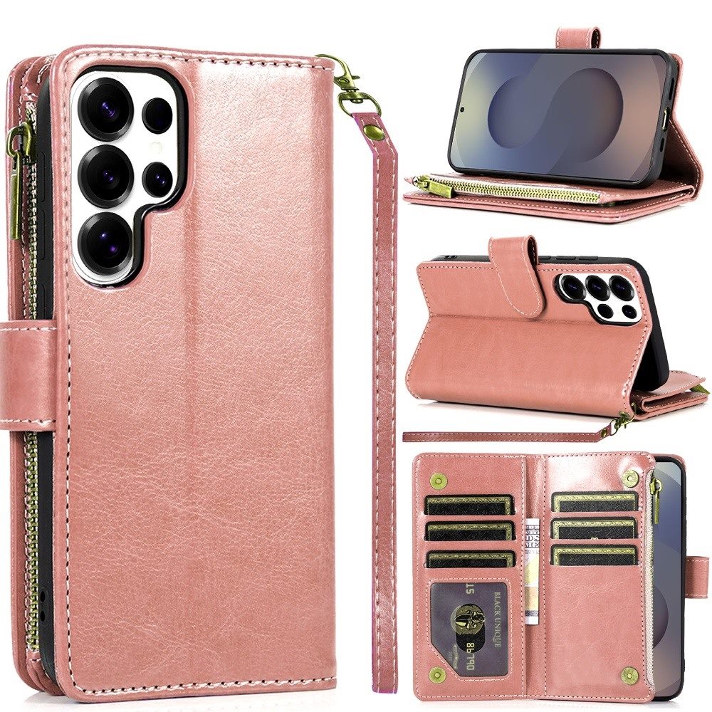 For Samsung Galaxy S26 Ultra Leather Wallet Case with Zipper, 9 Card Slots, Cash Pocket, Stand & Strap, Clutch Pouch Design Case Cover