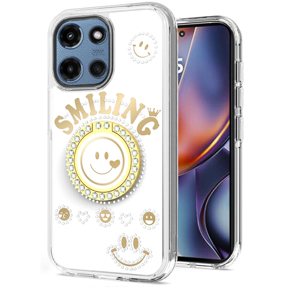 For Motorola Moto G 5G 2025 Smiling Glitter Ornament Bling Sparkle with Ring Stand Hybrid Slim TPU + Hard Back Shell Case Cover