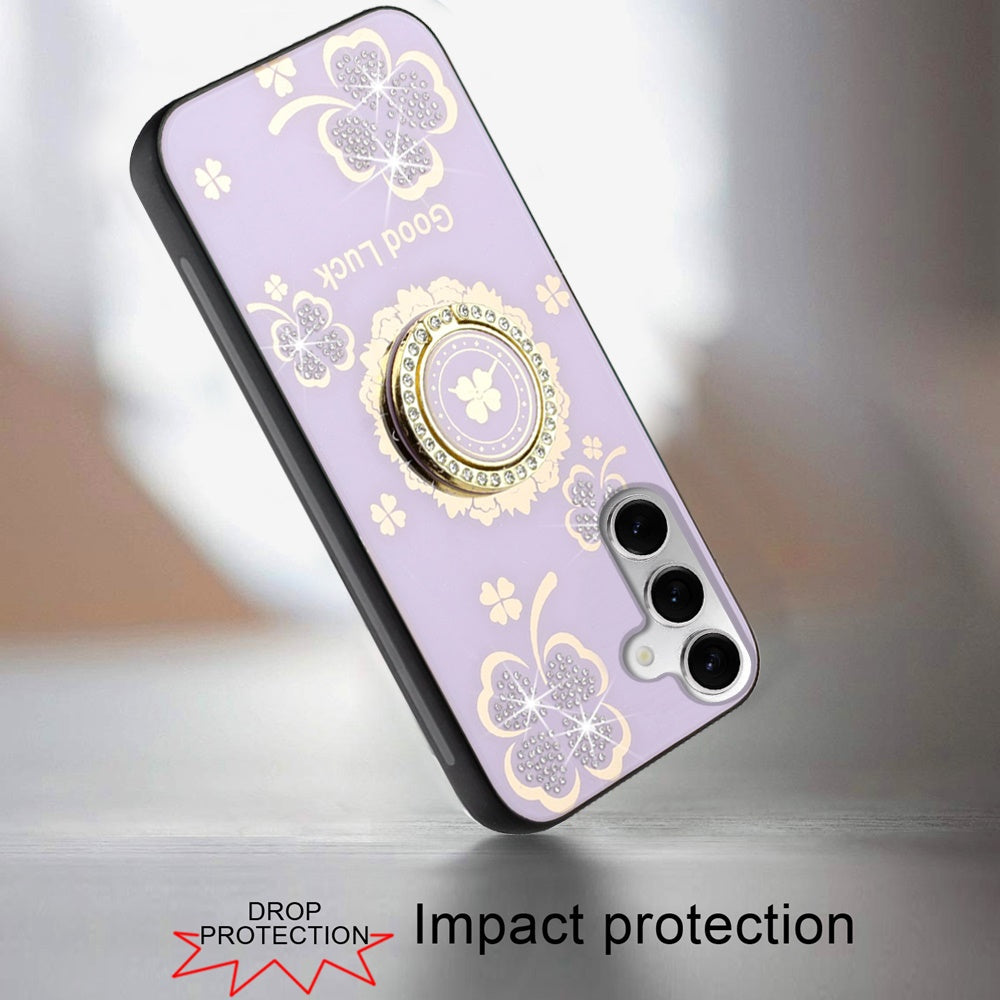 For Motorola Moto G 5G 2025 Diamonds 3D Fashion Floral Bling Sparkly Glitter Ornaments Engraving Hybrid with Ring Stand Case Cover Purple Good Luck Floral