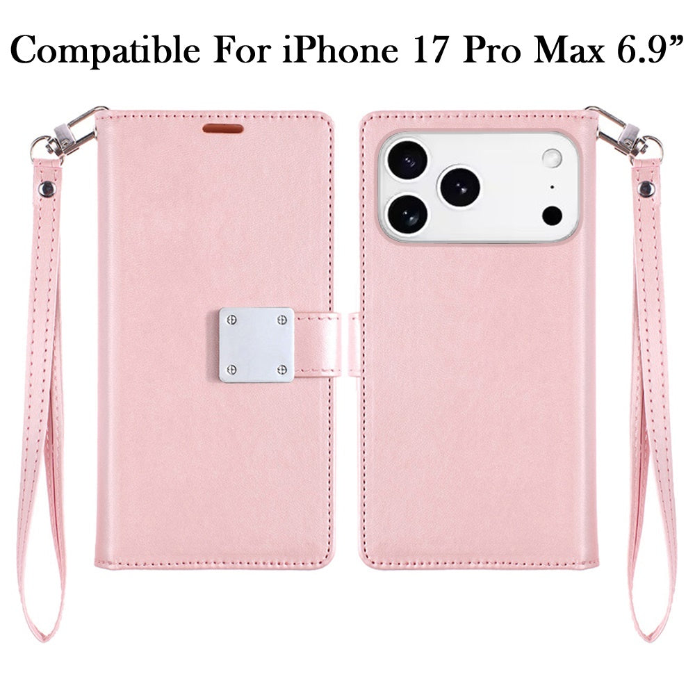 For Apple iPhone 17 Pro Max (6.9") Wallet Cases PU Leather with Credit Card /ID /Cash Holder Slot Dual Flip Book Pouch, Stand and Strap Case Cover
