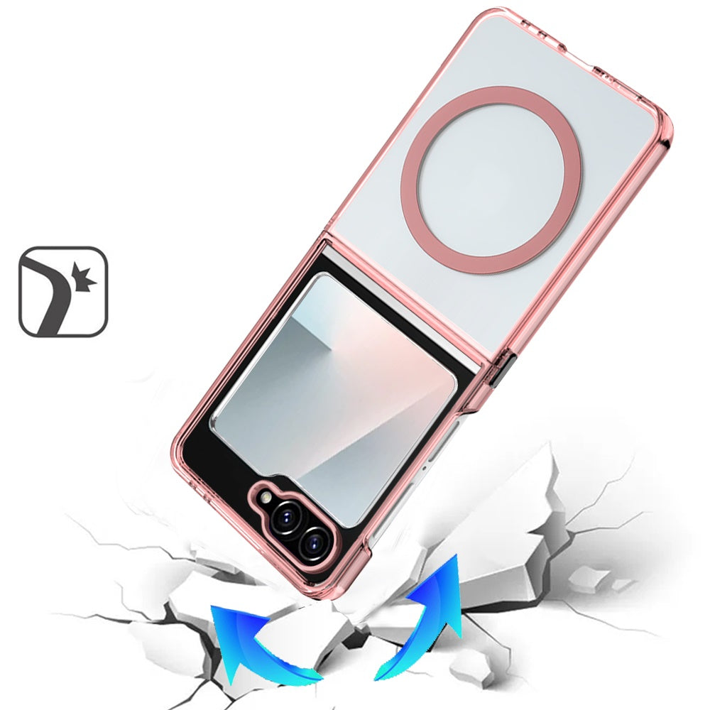 For Samsung Galaxy Z Flip 7 FE / Z Flip 6 Transparent Back Hybrid Case - Magnetic Circle, Color Frame, Metal Buttons, MagSafe Compatible Case Cover
