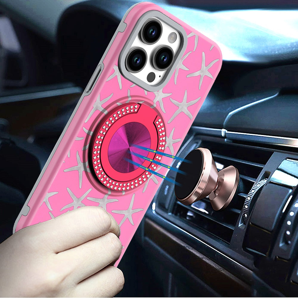 For Apple iPhone 16e Pattern Design Hybrid with Invisible Ring Stand & Magnetic Back, Shockproof Protective Grip Case Cover Pink Starfish