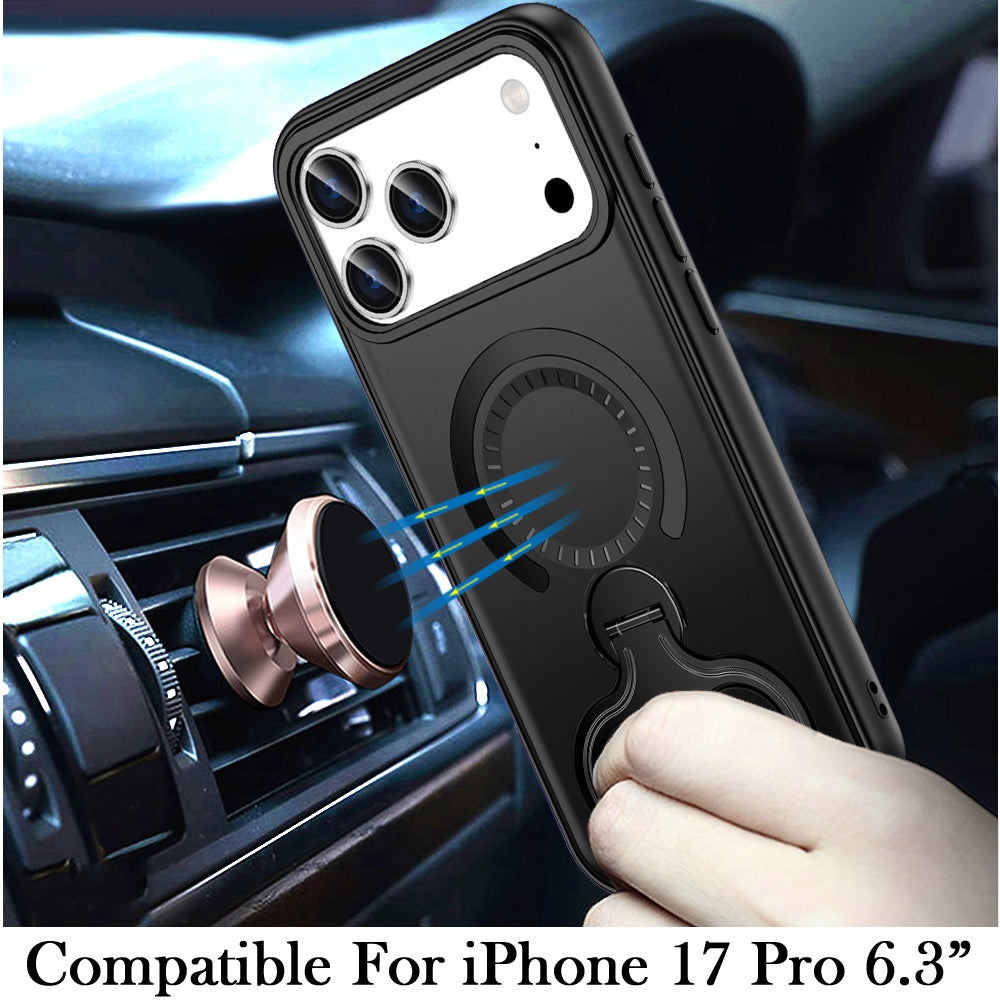For Apple iPhone 17 Pro (6.3") Hybrid with Invisible 2 Hole Ring Stand Magnetic back Car Mount Friendly Protector Case Cover Black