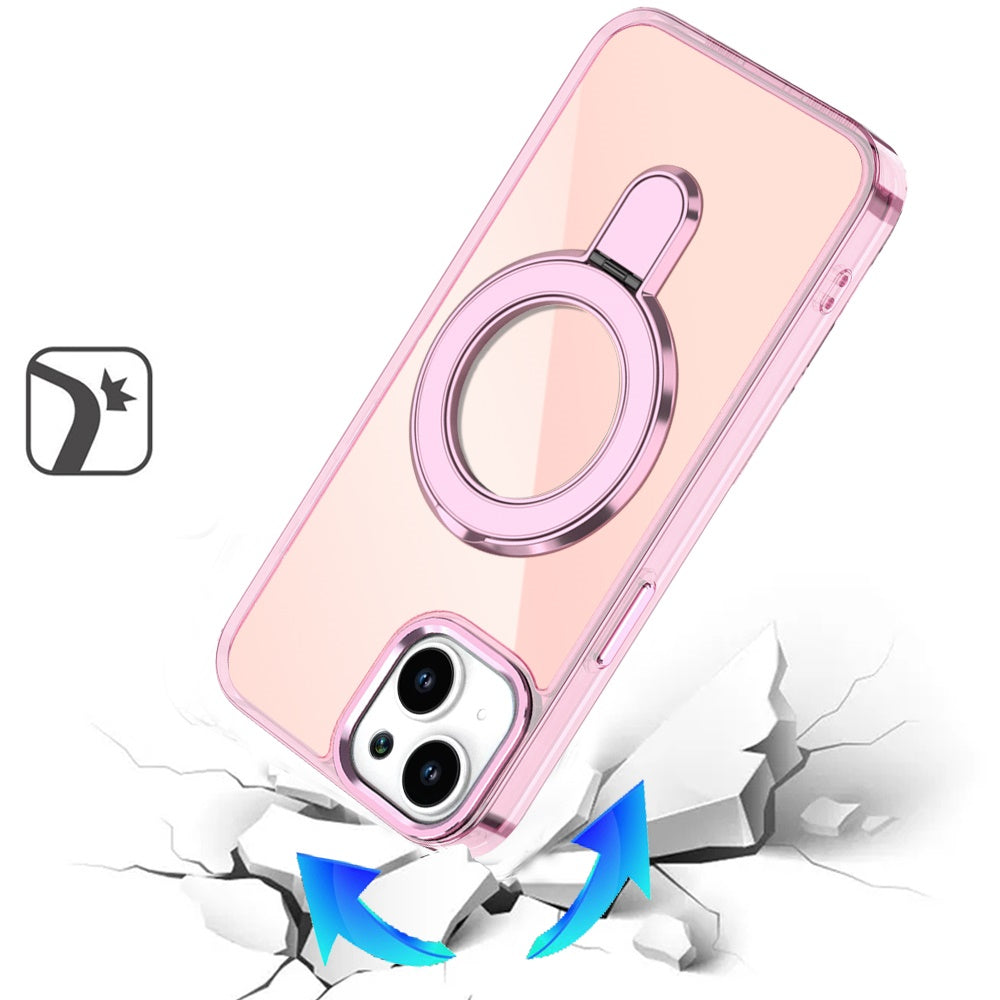 For Apple iPhone 15 Chrome Hybrid with Rotating Magnetic Circle Ring Stand, Slim Shockproof Hybrid Case Cover