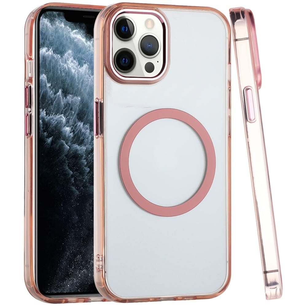 For Apple iPhone 11 Pro Max Transparent Back Hybrid Case - Magnetic Circle, Color Frame, Metal Buttons, MagSafe Compatible Case Cover