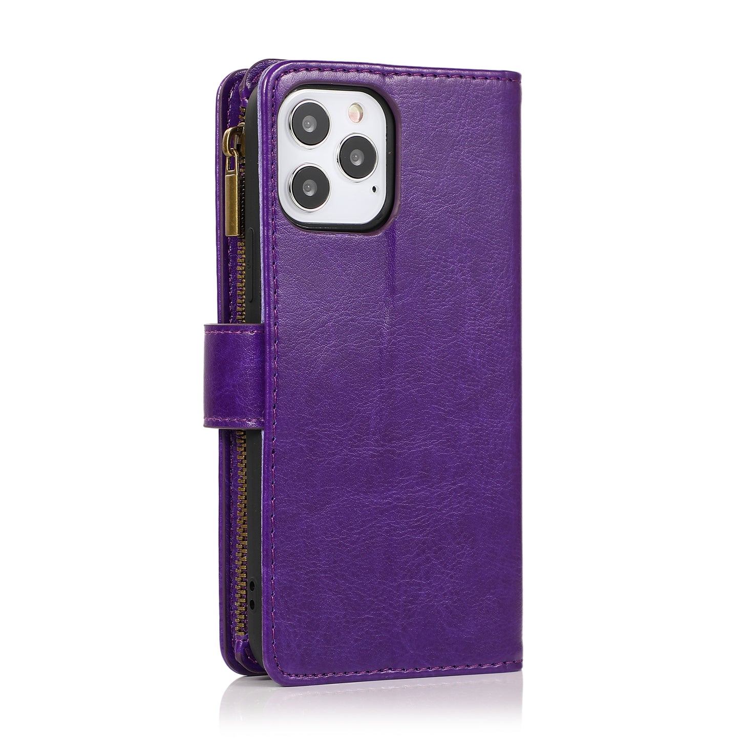For Apple iPhone 16 Pro Max (6.9") Leather Zipper Wallet Case 9 Credit Card Slots Cash Money Pocket Clutch Pouch Stand & Strap Case Cover Purple
