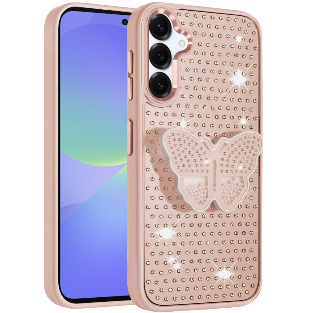For Samsung Galaxy A36 Butterfly Moveable Grip 3D Pop Stand Full Diamond Bling Sparkling TPU Fashion Hybrid Case Cover