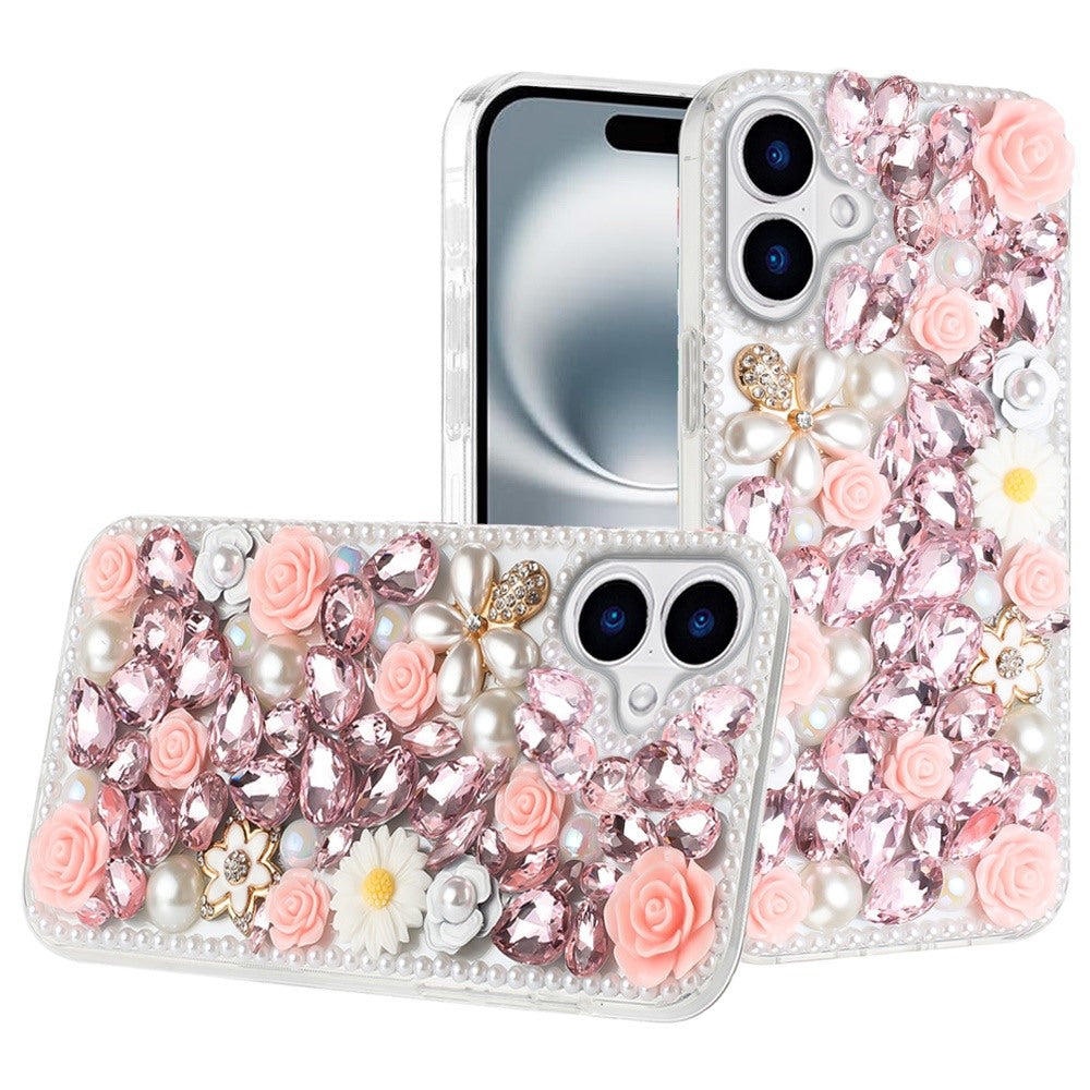For Apple iPhone 16 Plus (6.7") Fashion Rose Flower Floral Bling Crystal 3D Full Diamonds Pearl Sparkle Rhinestone Glitter Hybrid Case Cover