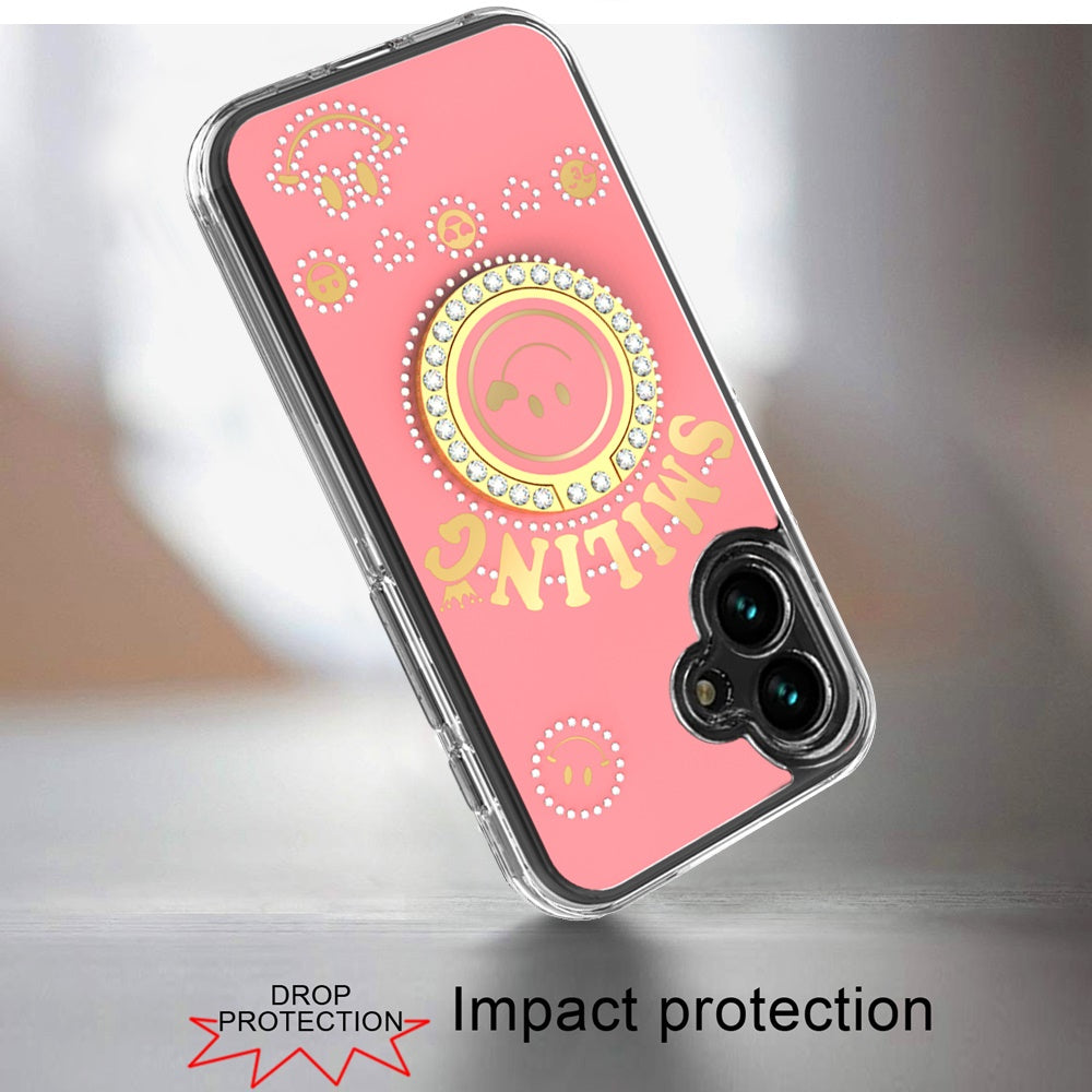 For Apple iPhone 17E /16E Smiling Glitter Bling Ornament Hybrid Shockproof Stylish Sparkle Design Secure Grip Durable Protection Case Cover Pink