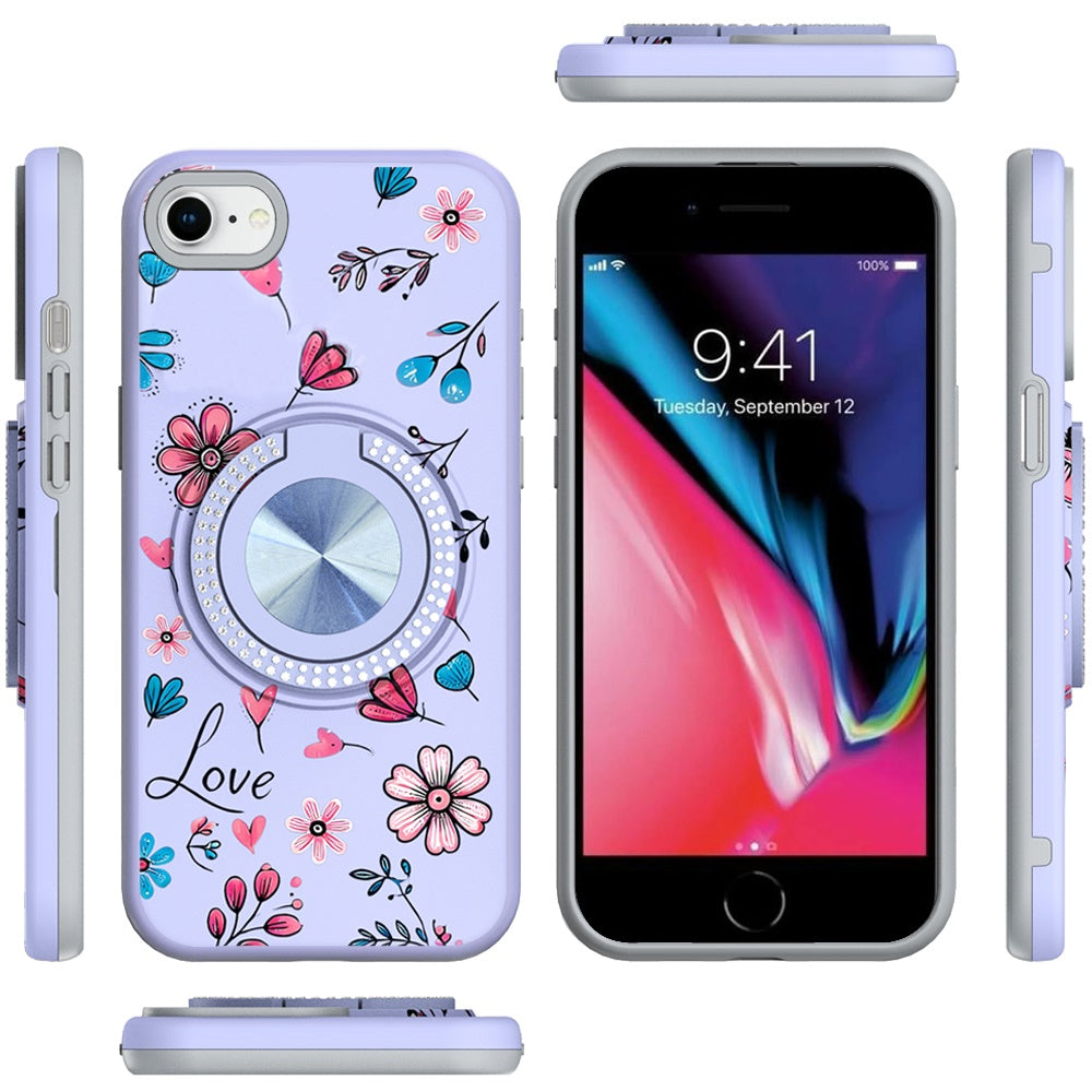 For Apple iPhone SE 3 (2022) SE/8/7 Pattern Design Hybrid with Invisible Ring Stand & Magnetic Back, Shockproof Protective Grip Case Cover