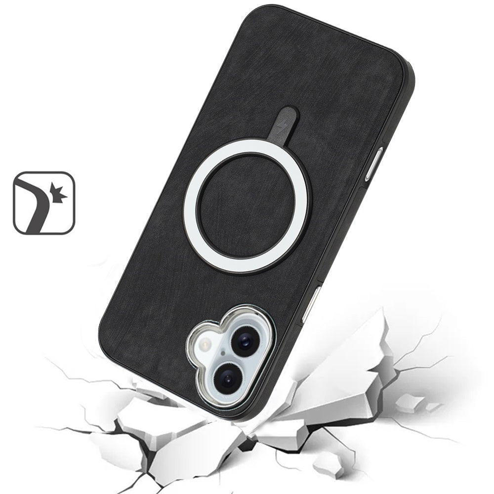 For Apple iPhone 17 Fashion PU Vegan Leather Chrome Edge Hybrid, MagSafe Compatible, Durable TPU Hard PC Case Cover Black