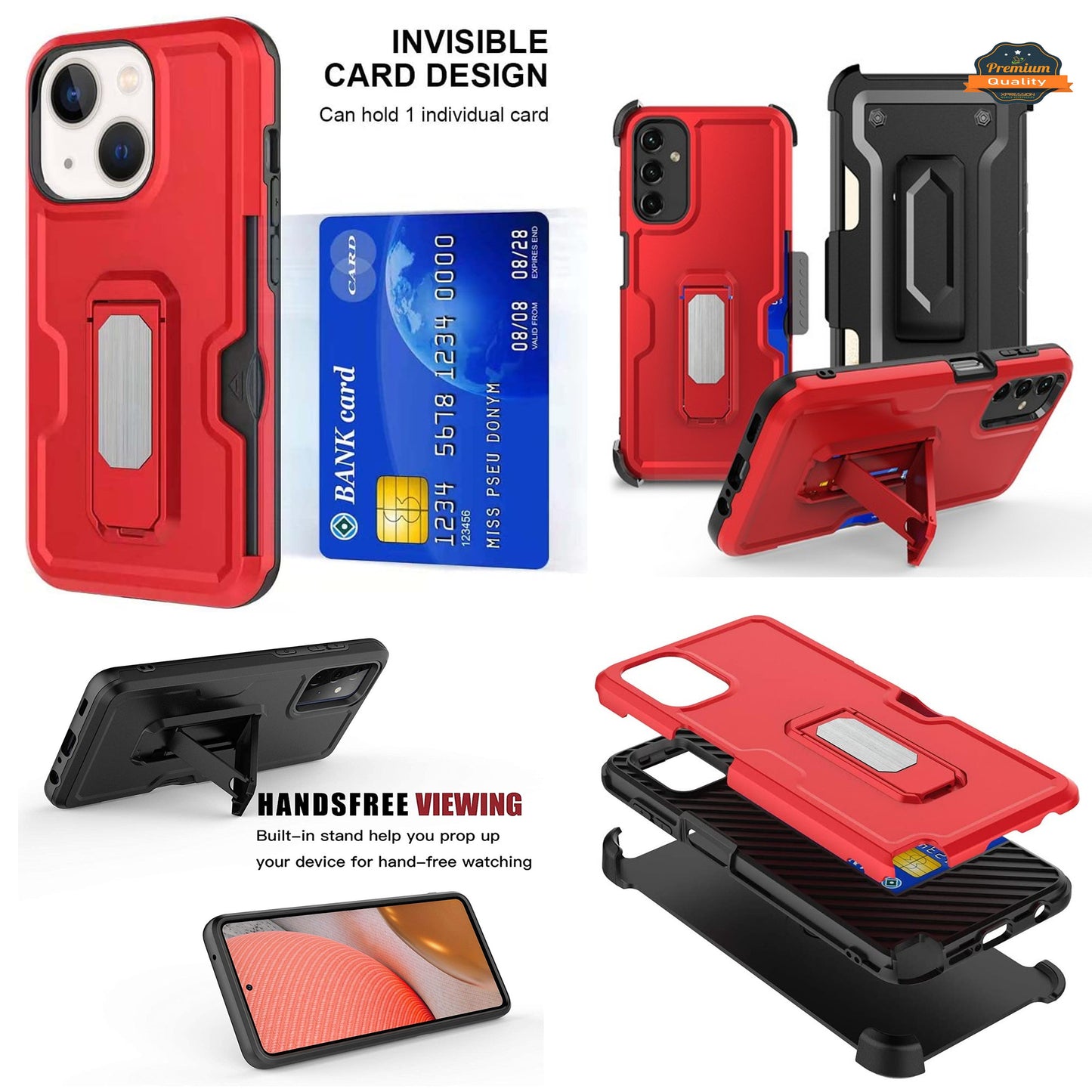 For Apple iPhone 15 Pro Max (6.7") Hybrid Invisible Card Slot Wallet with Kickstand Holster Belt Clip Holder Heavy Duty Phone Case Cover