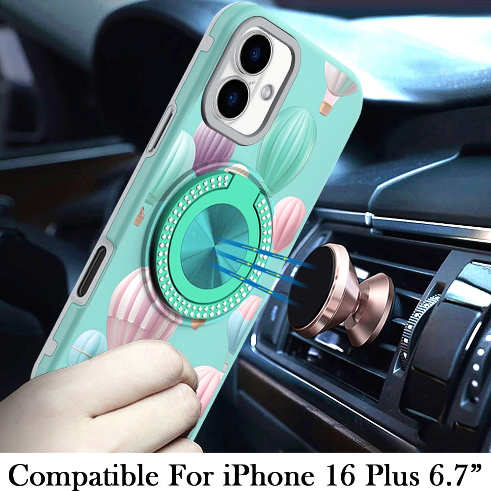 For Apple iPhone 16 Plus Pattern Design Hybrid with Invisible Ring Stand & Magnetic Back, Shockproof Protective Grip Case Cover Pineapple Love Vibe