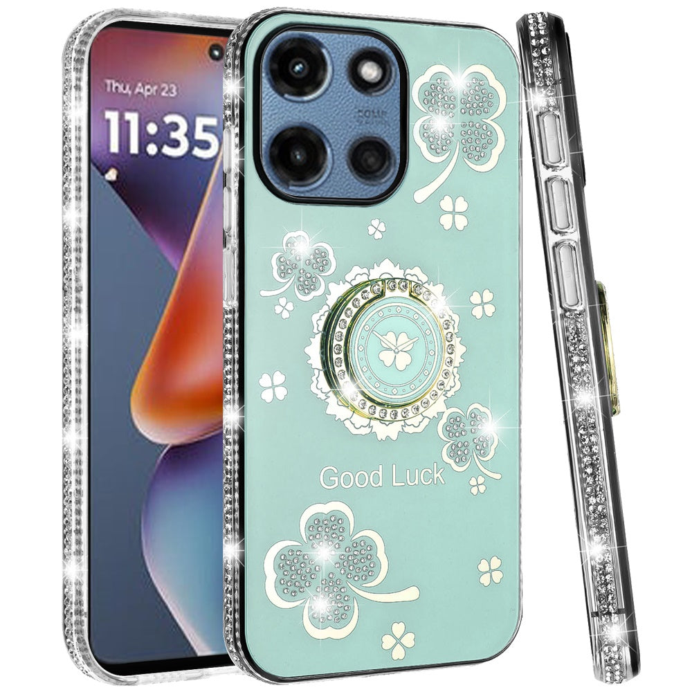 For Motorola Moto G Stylus 5G 2025 Diamonds Bling All Around Edges Sparkly Glitter Hybrid with Ring Stand Holder Fashion Good Luck Case Cover
