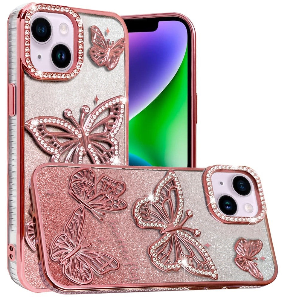 For Apple iPhone 16 Pro (6.3") Luxury Butterfly Sparkle Glitter Diamond Crystal Rhinestone Shimmer Bling Plating Thick TPU Hard PC Case Cover