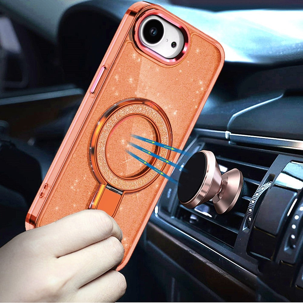 For Apple iPhone 17E /16E Transparent Glitter Bling Case with Rotating Magnetic Ring Stand, Shockproof Hybrid Case Cover Cosmic Orange