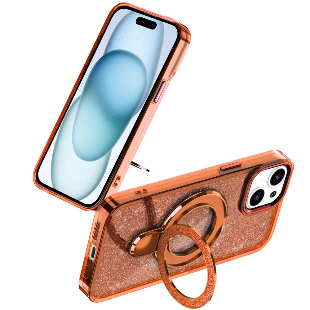 For iPhone 12 / iPhone 12 Pro (6.1") Transparent Glitter Bling Case with Rotating Magnetic Ring Stand, Shockproof Hybrid Case Cover Cosmic Orange