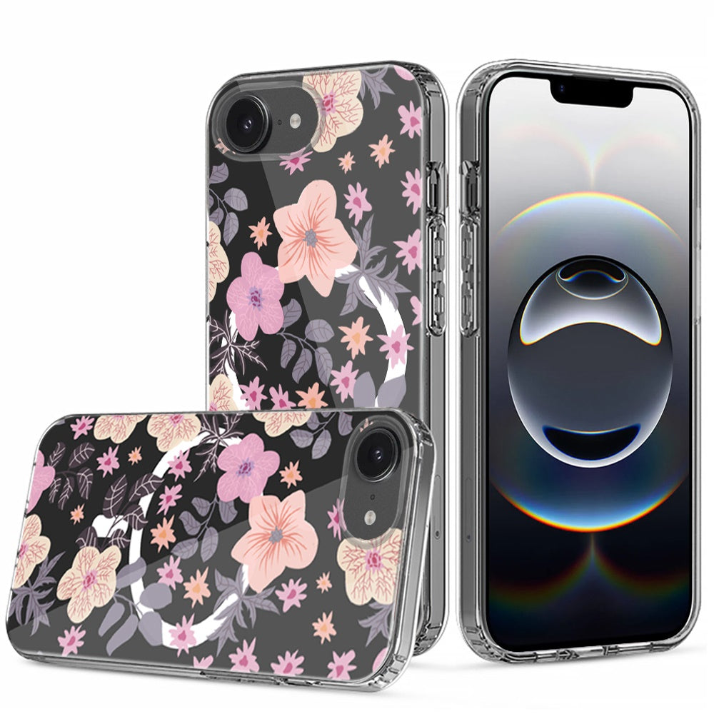 For Apple iPhone 16e Hybrid Flower Design Stylish Fashion Case, MagSafe Compatible, Thick Shockproof Hard PC Case Cover