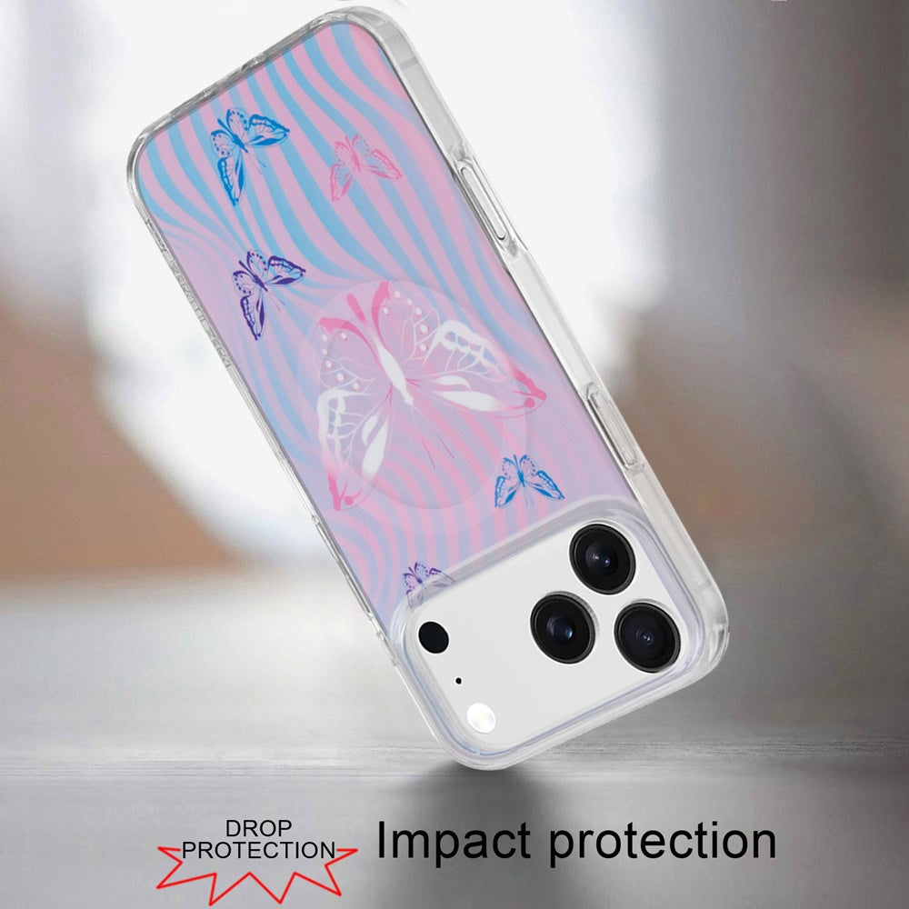 For Apple iPhone 17 Pro Stylish Pattern Fashion IMD Printed Design TPU Double Layer Slim Shockproof with Magnetic Back Case Cover Pink Butterfly