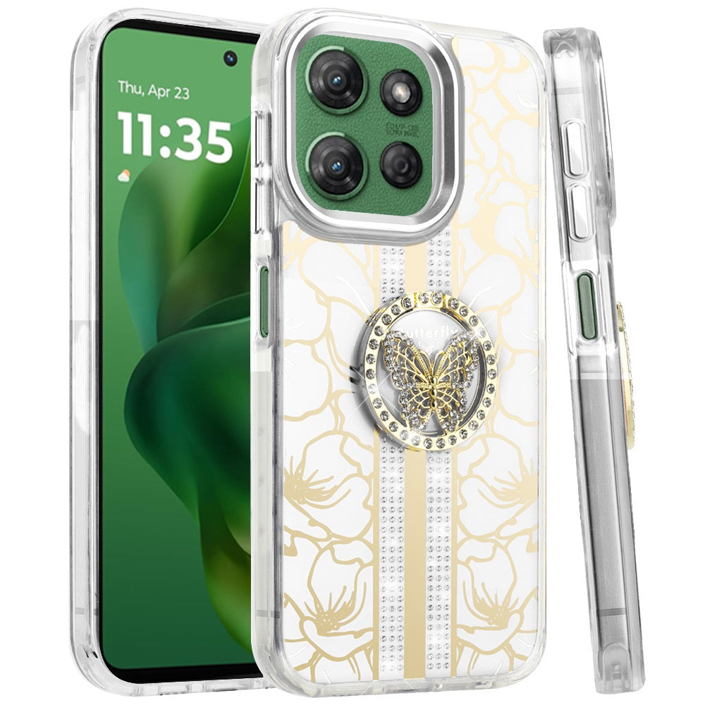 For Motorola Moto G Power 5G 2025 Diamonds 3D Butterfly Floral Design Bling Sparkly Glitter Hybrid Metal Fashion with Ring Stand Case Cover