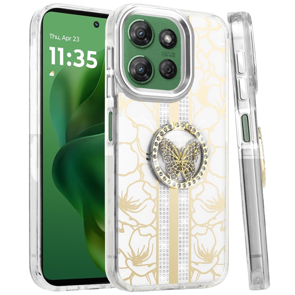 For Motorola Moto G Power 5G 2026 /2025 Diamonds 3D Butterfly Floral Design Bling Sparkly Glitter Hybrid Metal Fashion with Ring Stand Case Cover